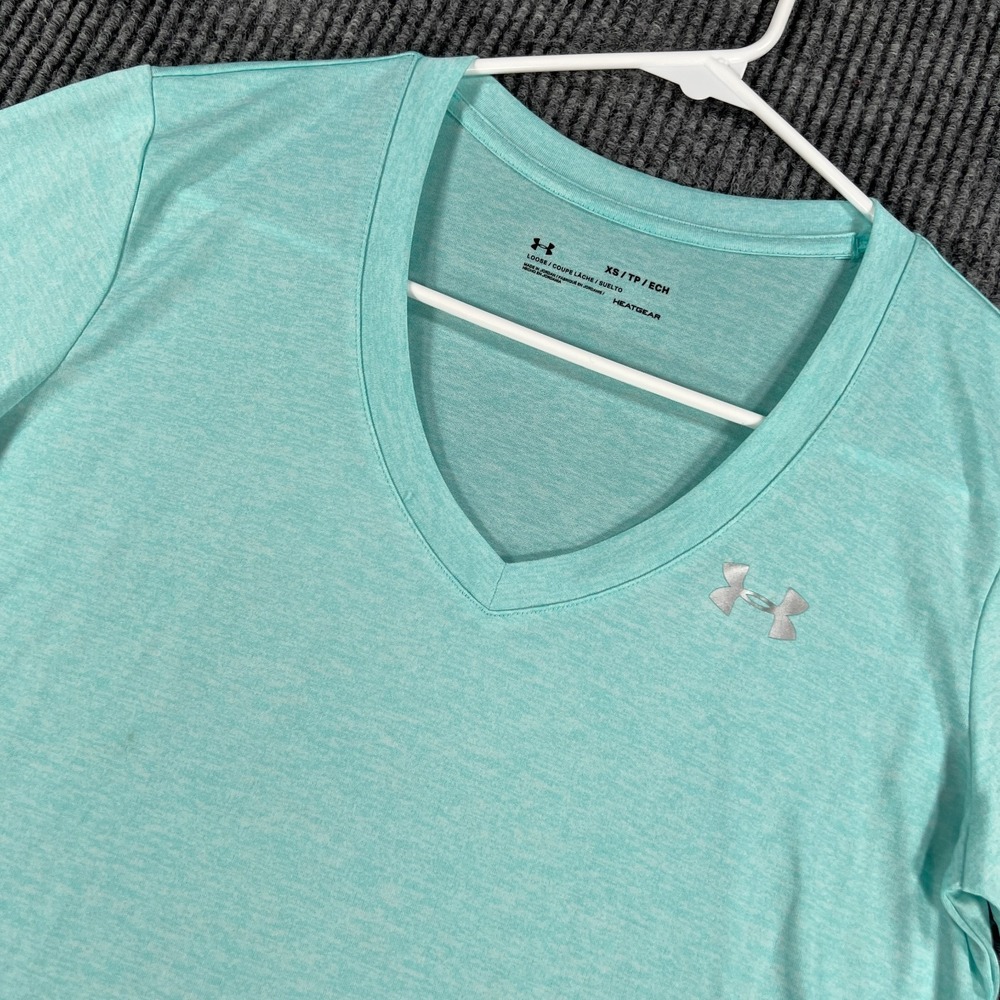 Under Armour HeatGear Shirt Womens XS Mint Green Heather V Neck Short Sleeve Loo